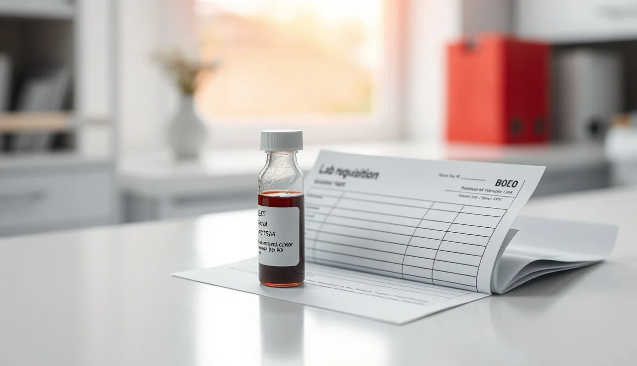 Blood vial and lab form on white countertop before finasteride blood testing
