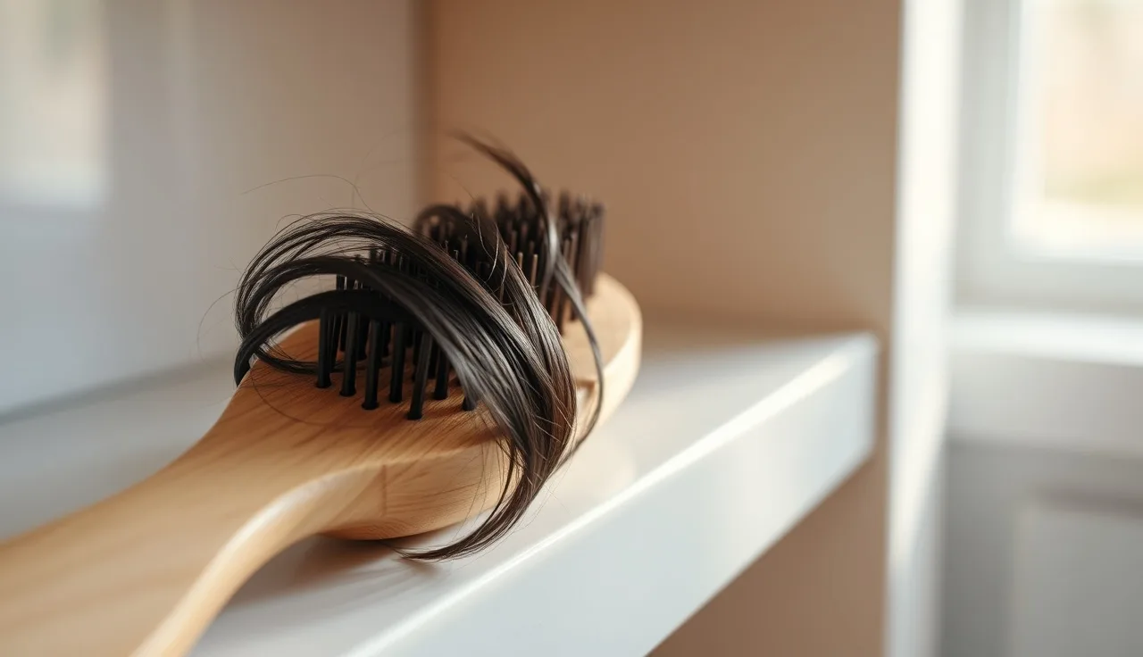 Hairbrush with collected shed hairs resting on a bathroom shelf