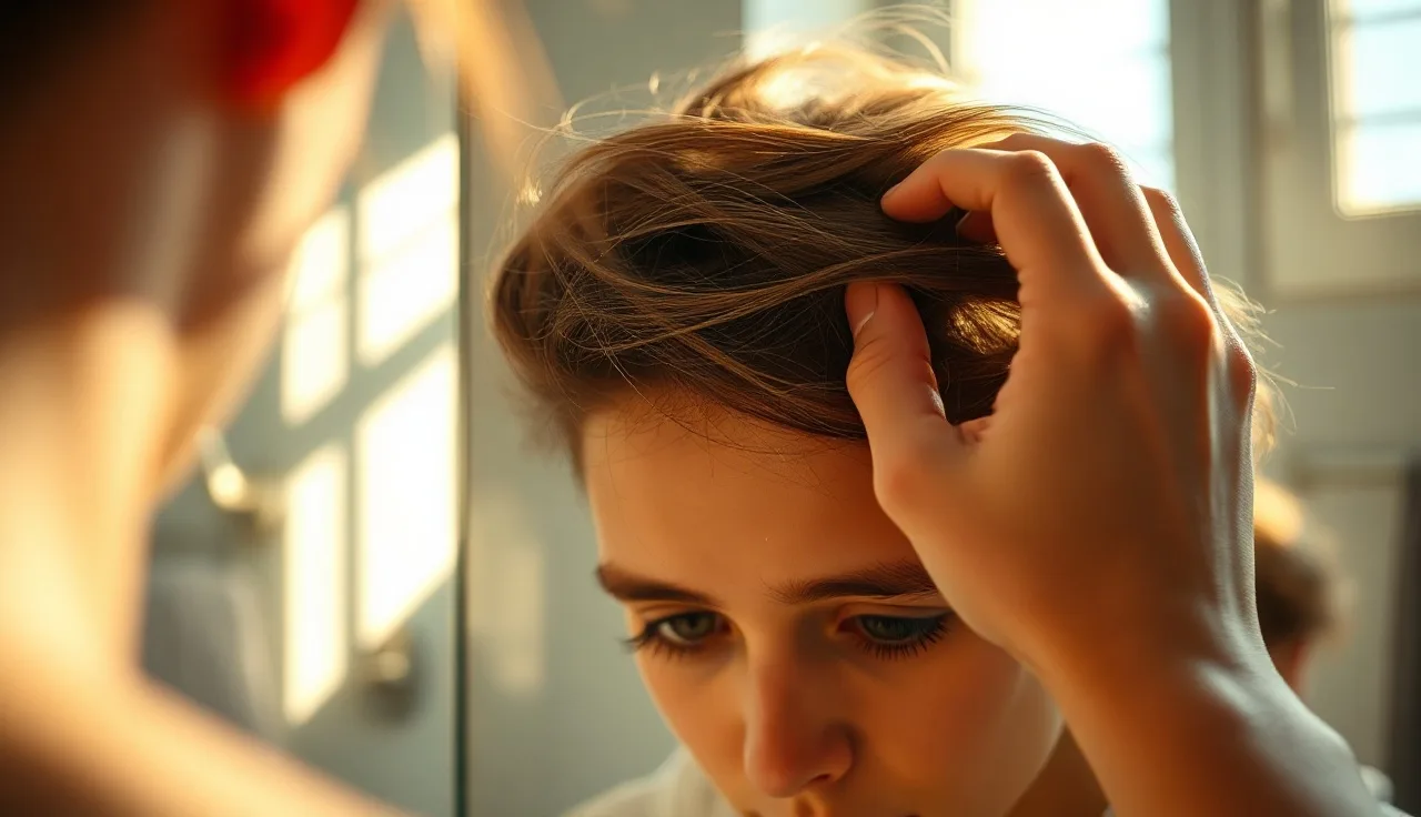 Person parting hair at mirror to inspect scalp for hair loss