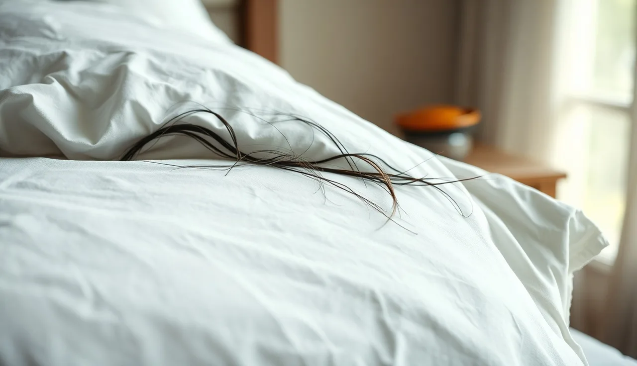 Dark hair strands resting on a white pillow in morning light showing nighttime hair loss