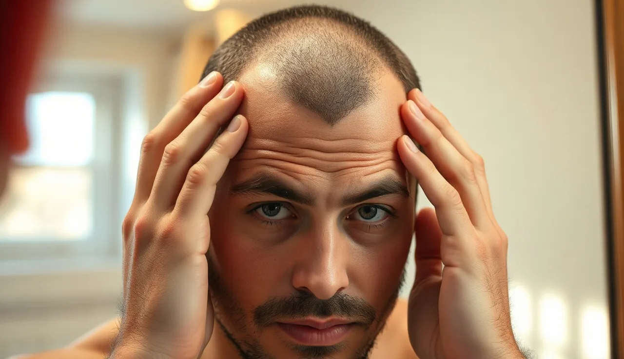 Man examining his receding hairline at temples in a bathroom mirror