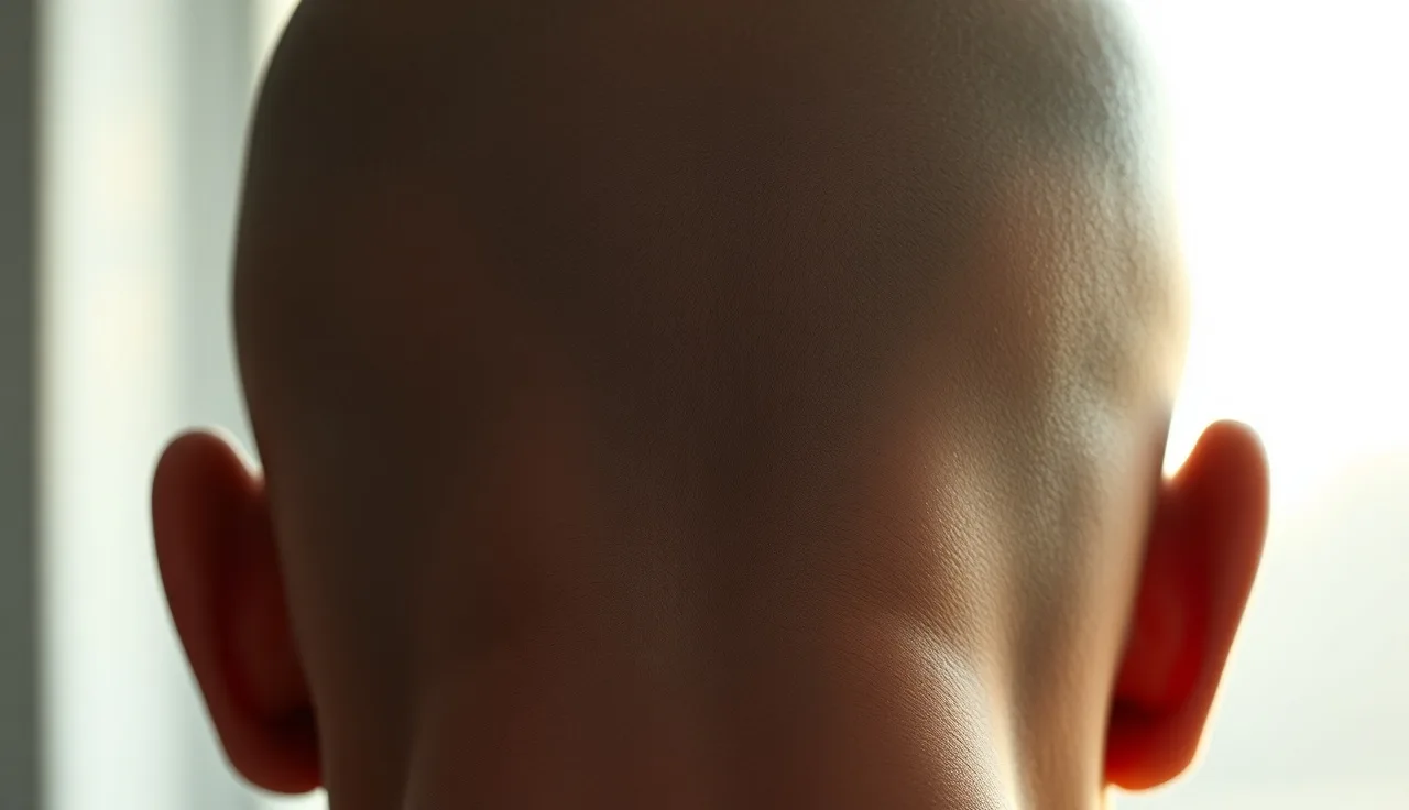 Back of shaved head showing healed FUE dot scars in donor zone