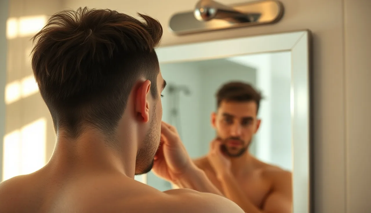 Man examining his receding hairline in a bathroom mirror in morning light