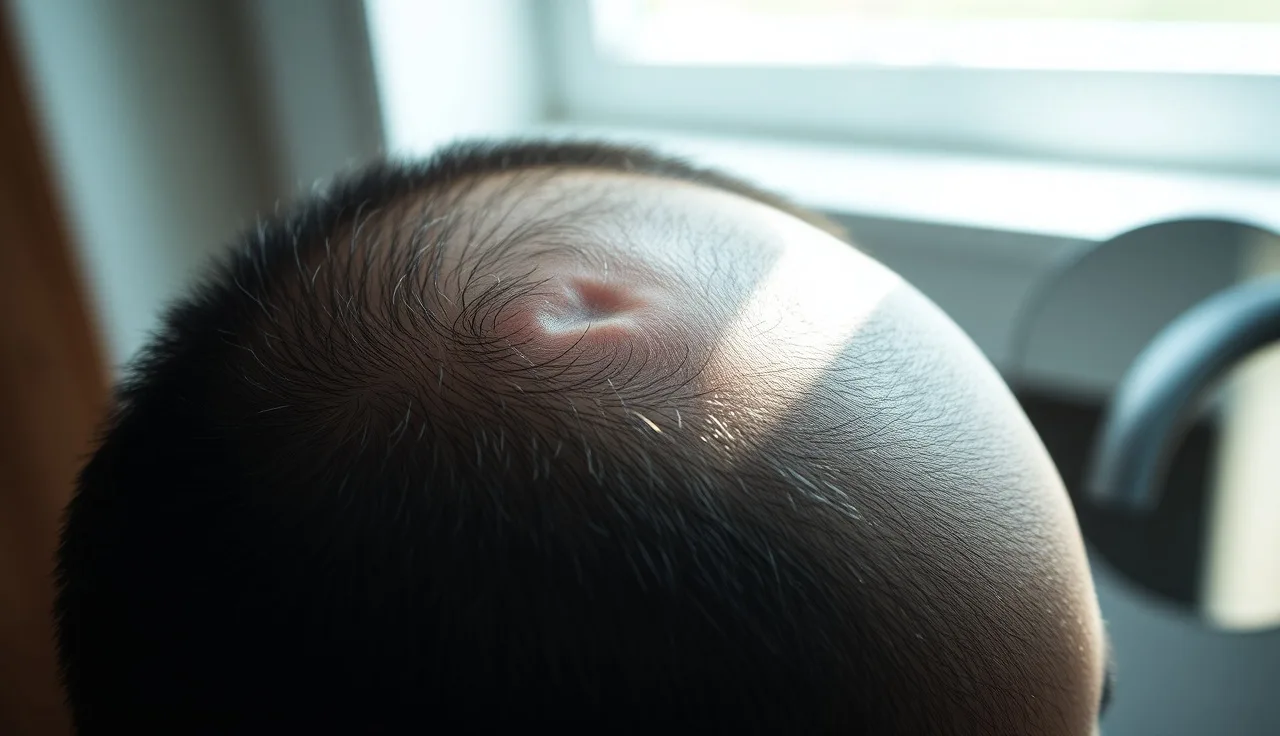 Close-up of scalp showing a small round bald patch characteristic of alopecia areata