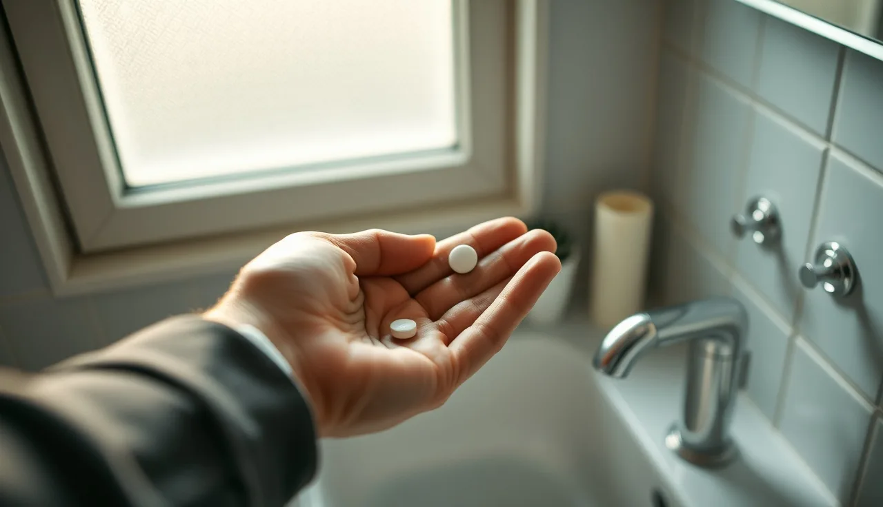 Man holding a single finasteride pill over a bathroom sink in morning light