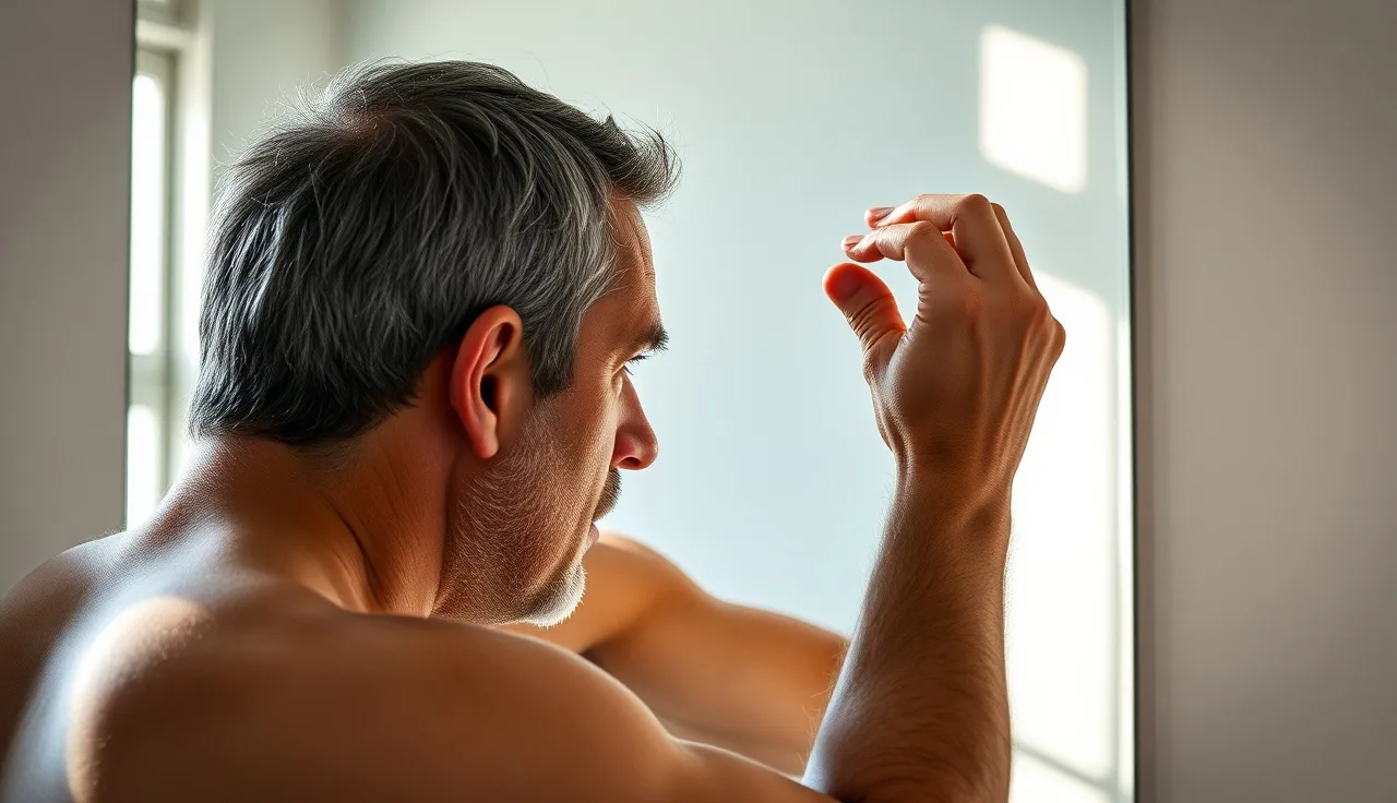 Man in his forties examining his scalp and transplanted hairline in a bathroom mirror