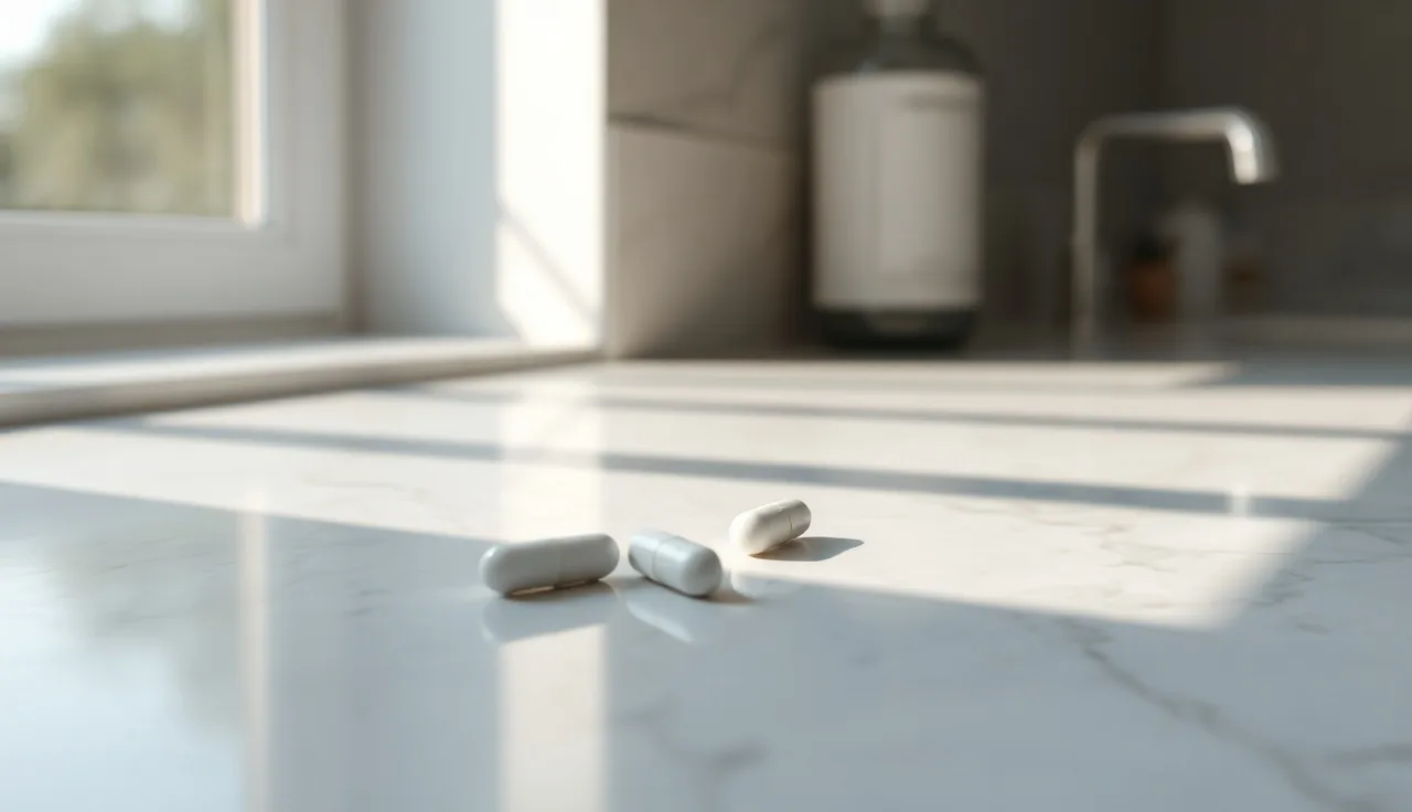 Two unmarked white pills on marble countertop representing dutasteride and finasteride comparison