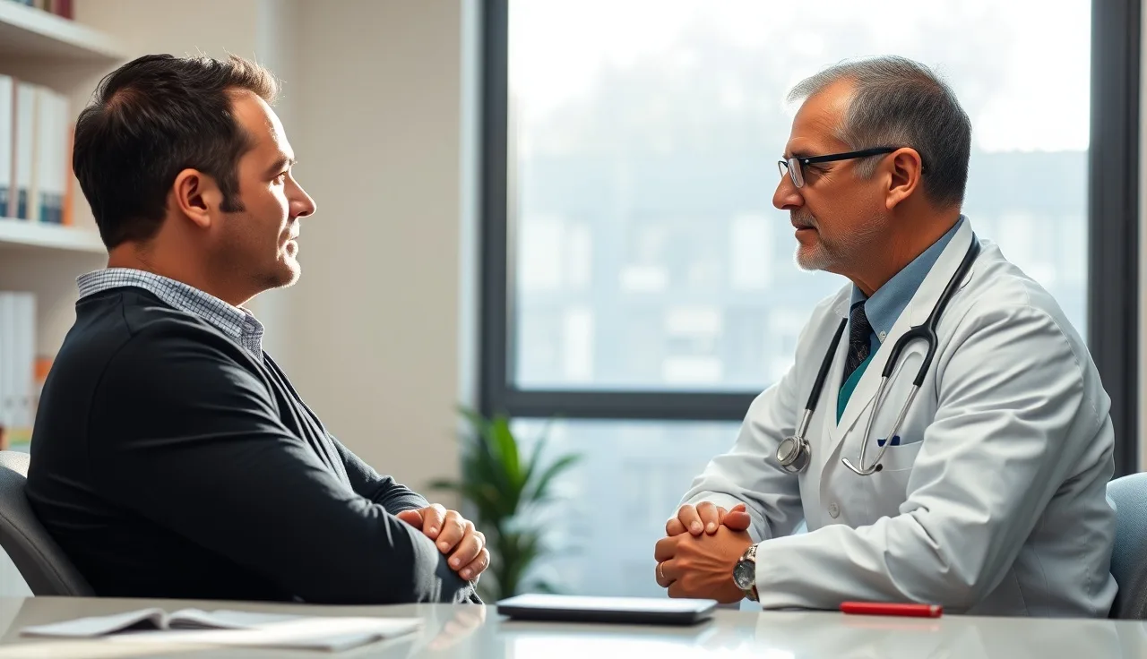 Surgeon and male patient during a hairline design consultation in a clinic