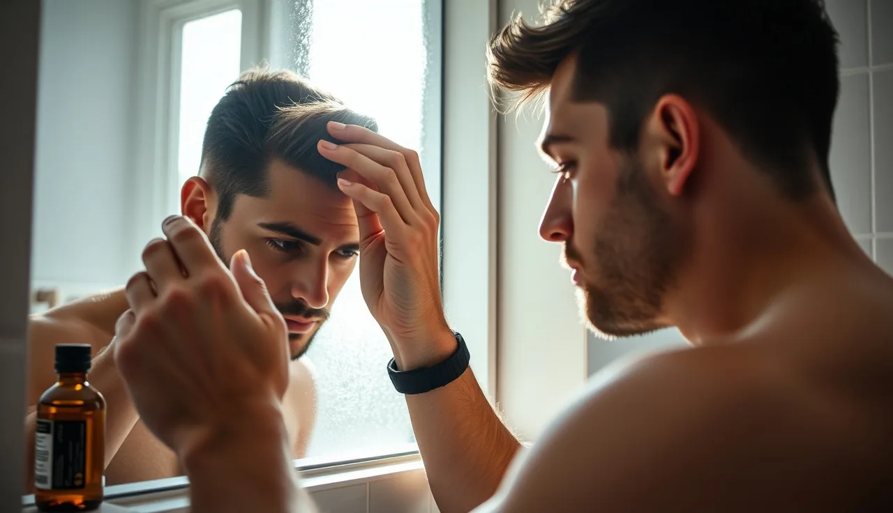 Young man checking his receding hairline in a bathroom mirror with morning light