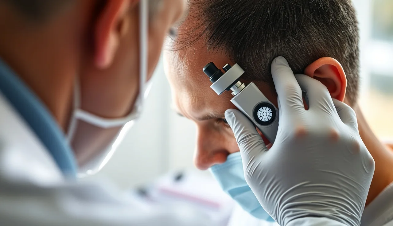 Dermatologist examining scalp with dermoscope to assess DUPA hair loss