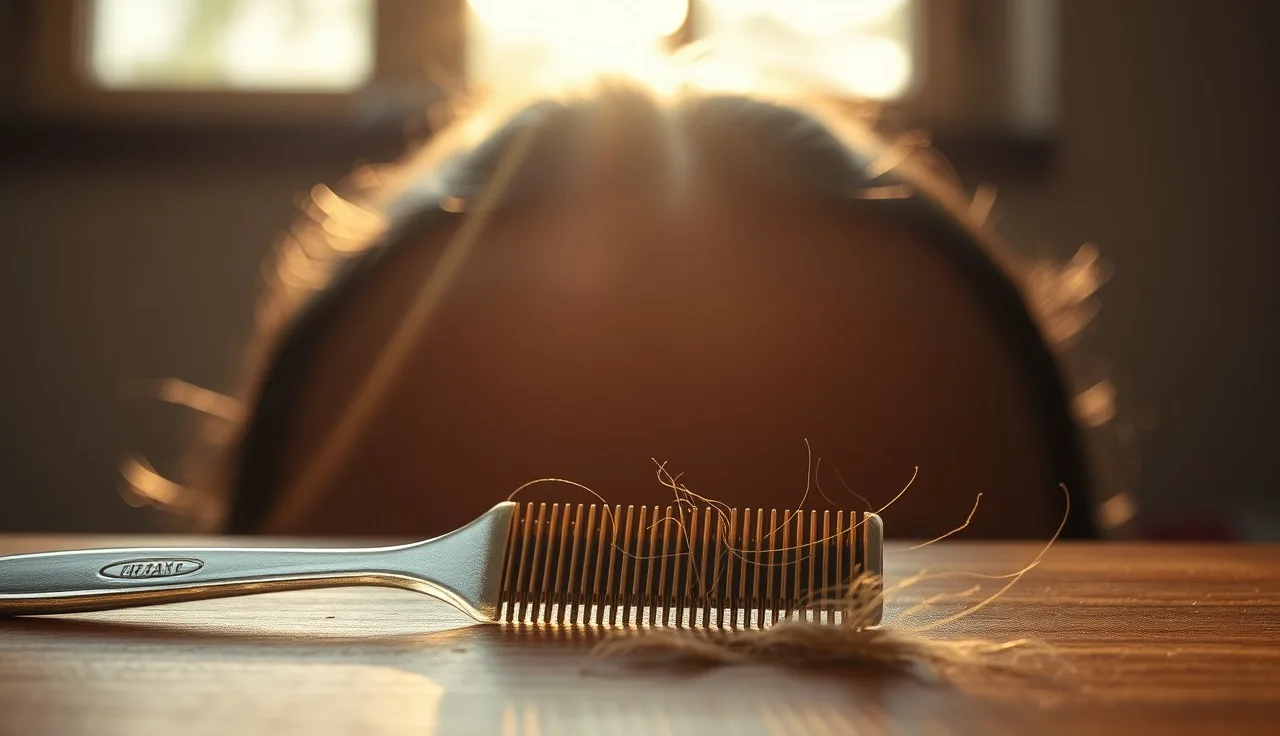 Scalp and shed hairs near a comb showing hair cycle and loss process