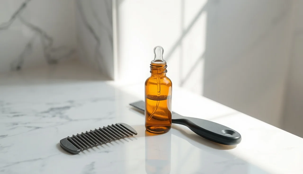 Topical minoxidil dropper bottle and comb on a bathroom counter in morning light