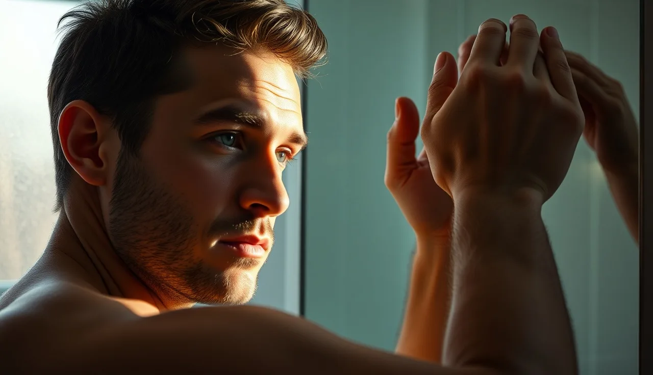 Young man examining his receding hairline in a bathroom mirror
