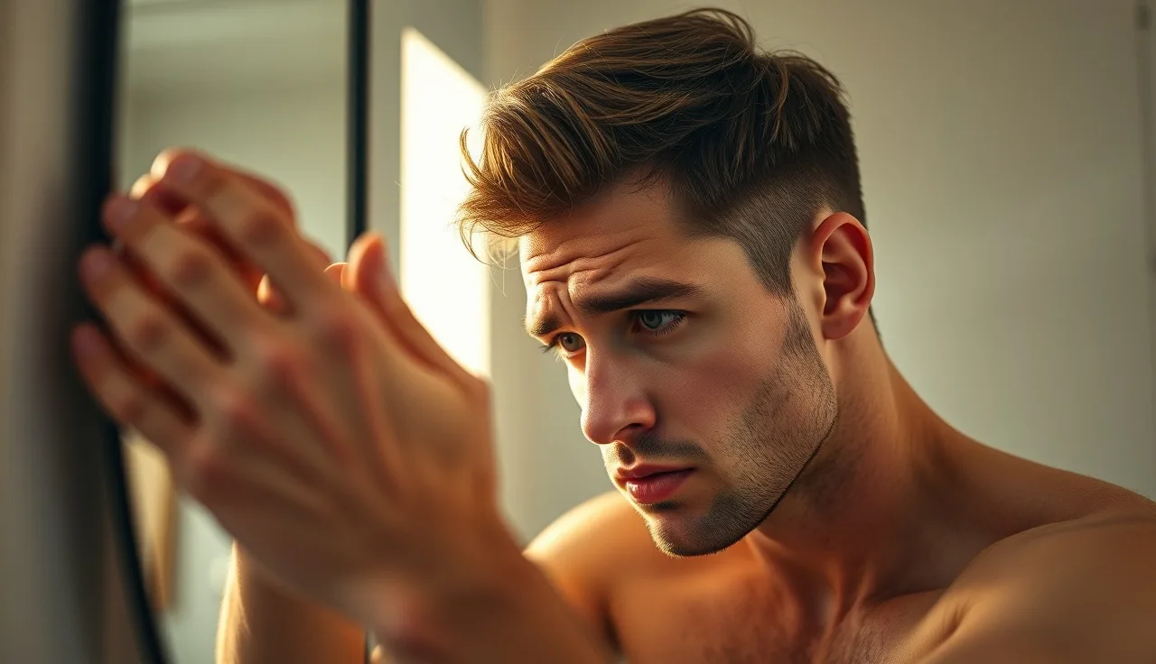 Young man closely examining his temple hairline in a bathroom mirror