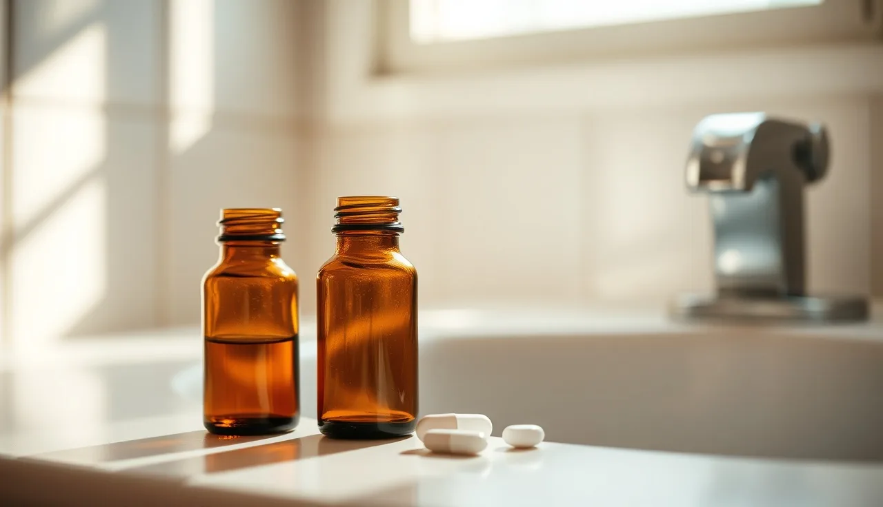 Generic minoxidil bottles and finasteride pill on a bathroom counter in morning light