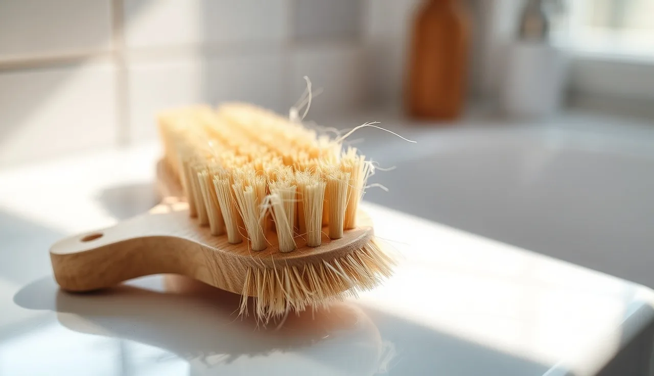 Hair brush with shed hairs on bathroom counter, illustrating telogen effluvium hair loss
