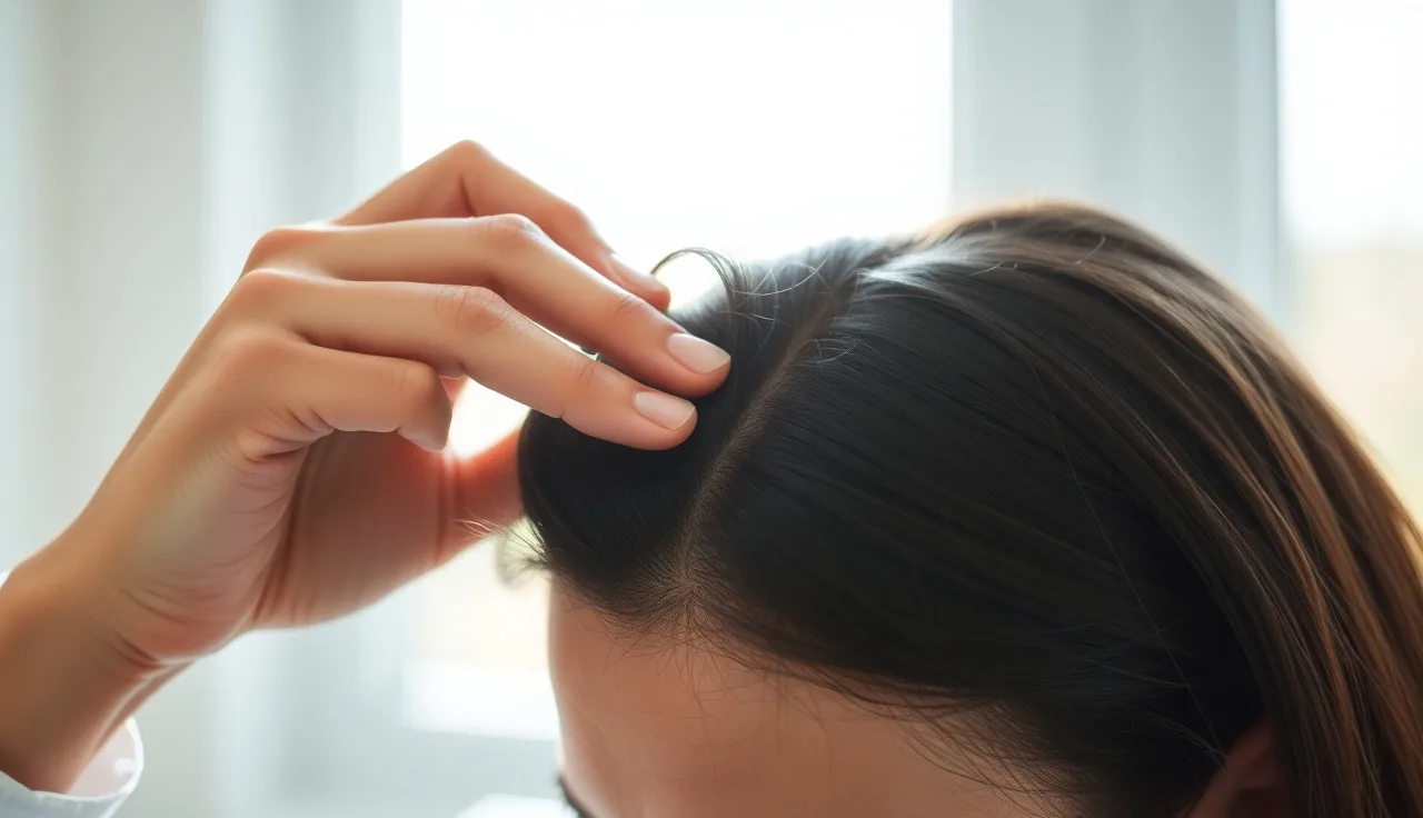 Woman parting her hair to examine scalp in natural window light