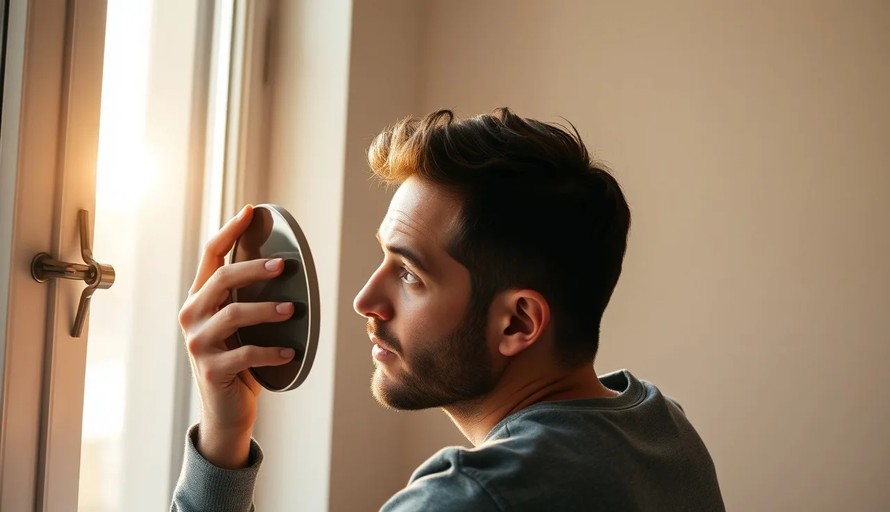 Man examining his hairline in a mirror near a sunlit window