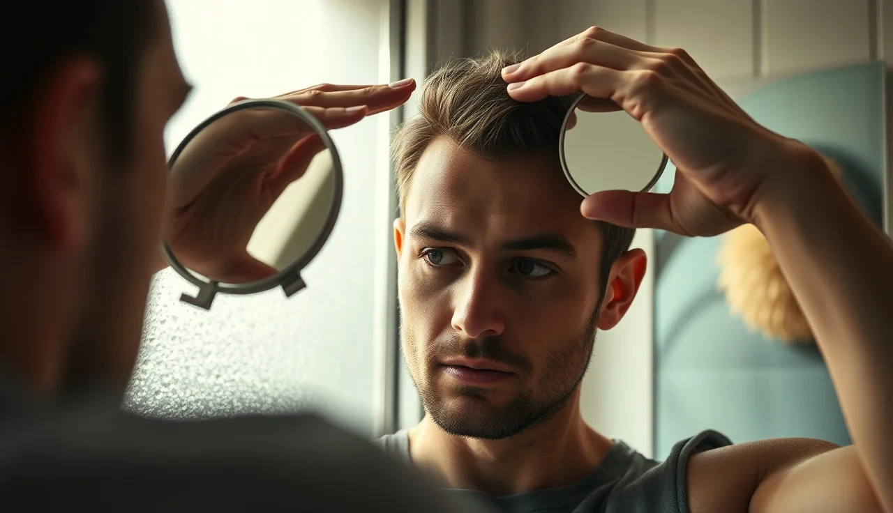 Man using two mirrors to check his hairline and crown in a bathroom
