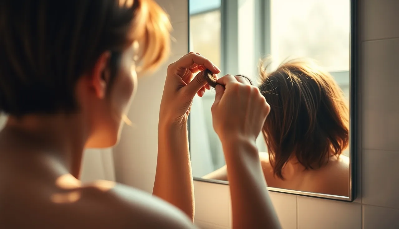 Person performing a hair pull test in bathroom mirror, examining shed strands