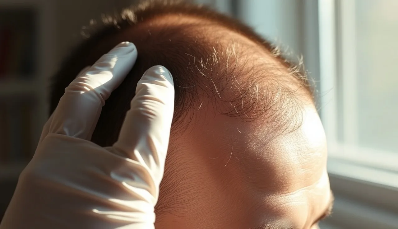 Doctor examining thinning hair at the crown of a man's scalp