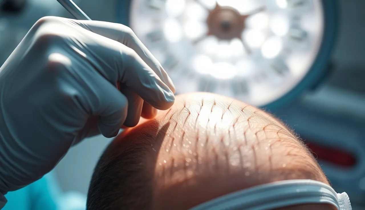 Surgeon placing hair transplant grafts into scalp under surgical lighting