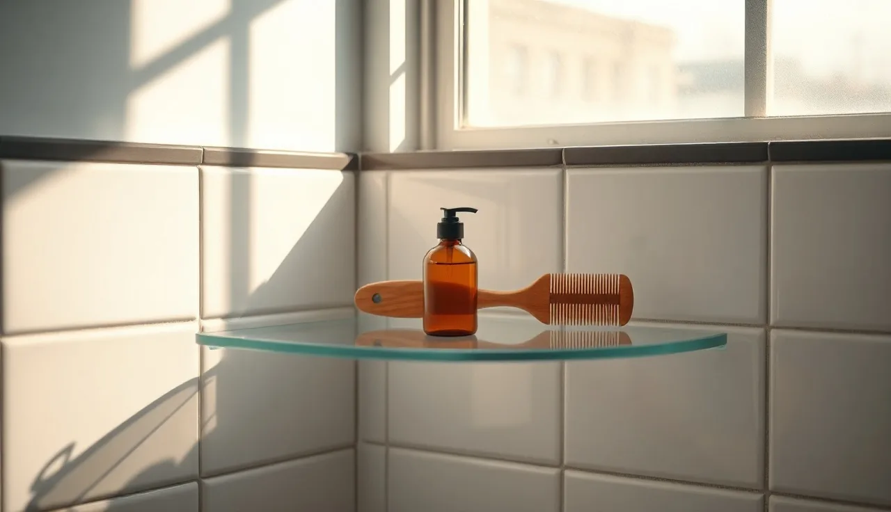 Glass bathroom shelf with amber shampoo bottle and comb for hair loss