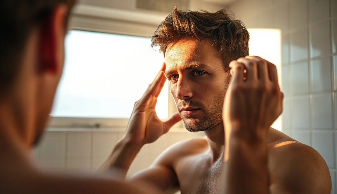 Man examining his receding hairline in a bathroom mirror in morning light