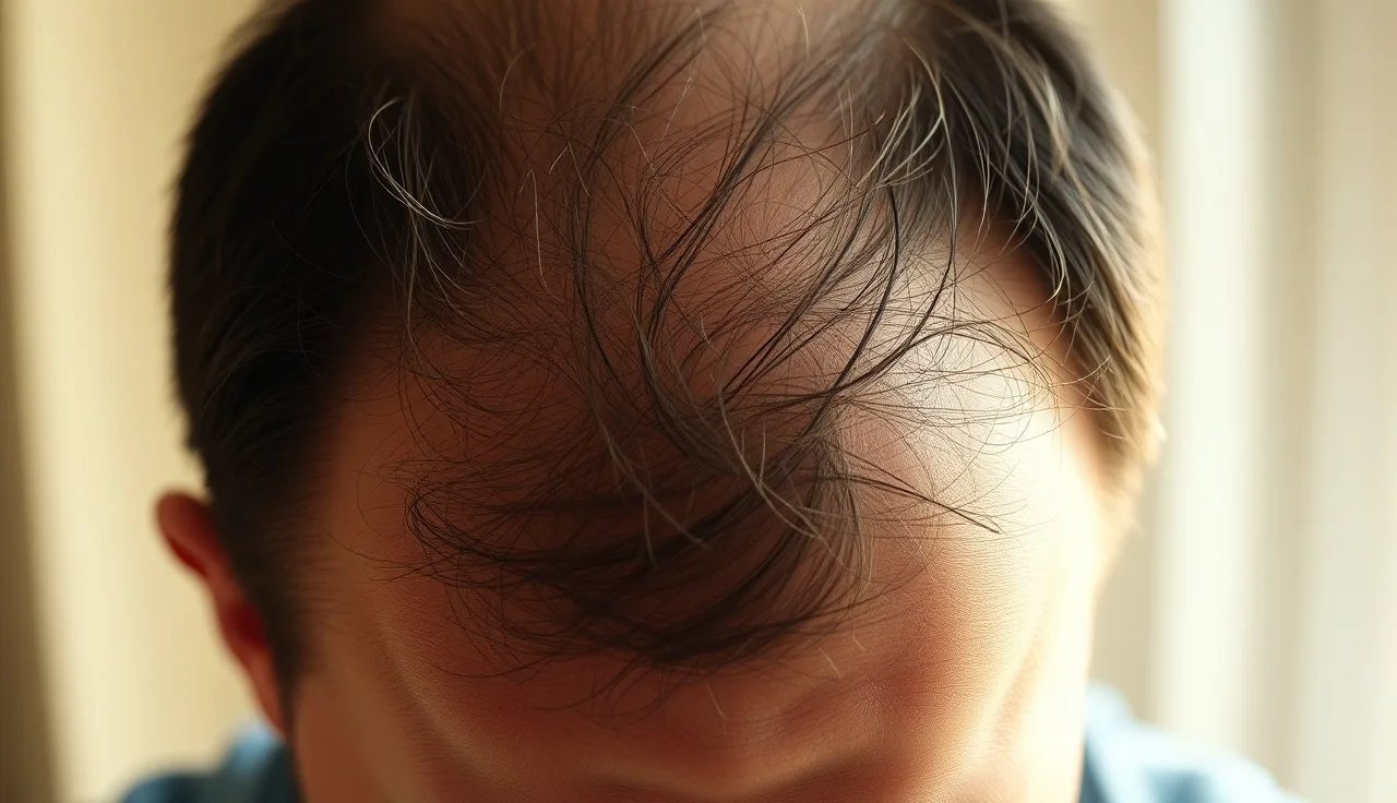 Man's thinning scalp crown shown in close-up natural light