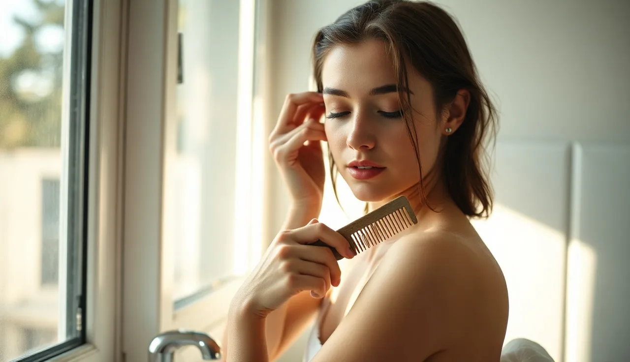 Woman gently combing damp hair near a bright window postpartum