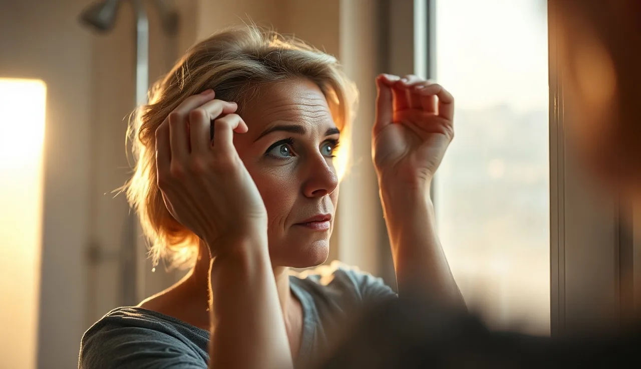 Woman examining hair thinning along scalp part in bathroom mirror