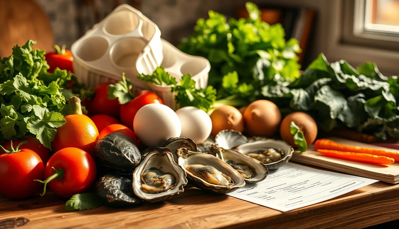 Nutrient-rich foods on a kitchen counter linked to preventing vitamin deficiency hair loss