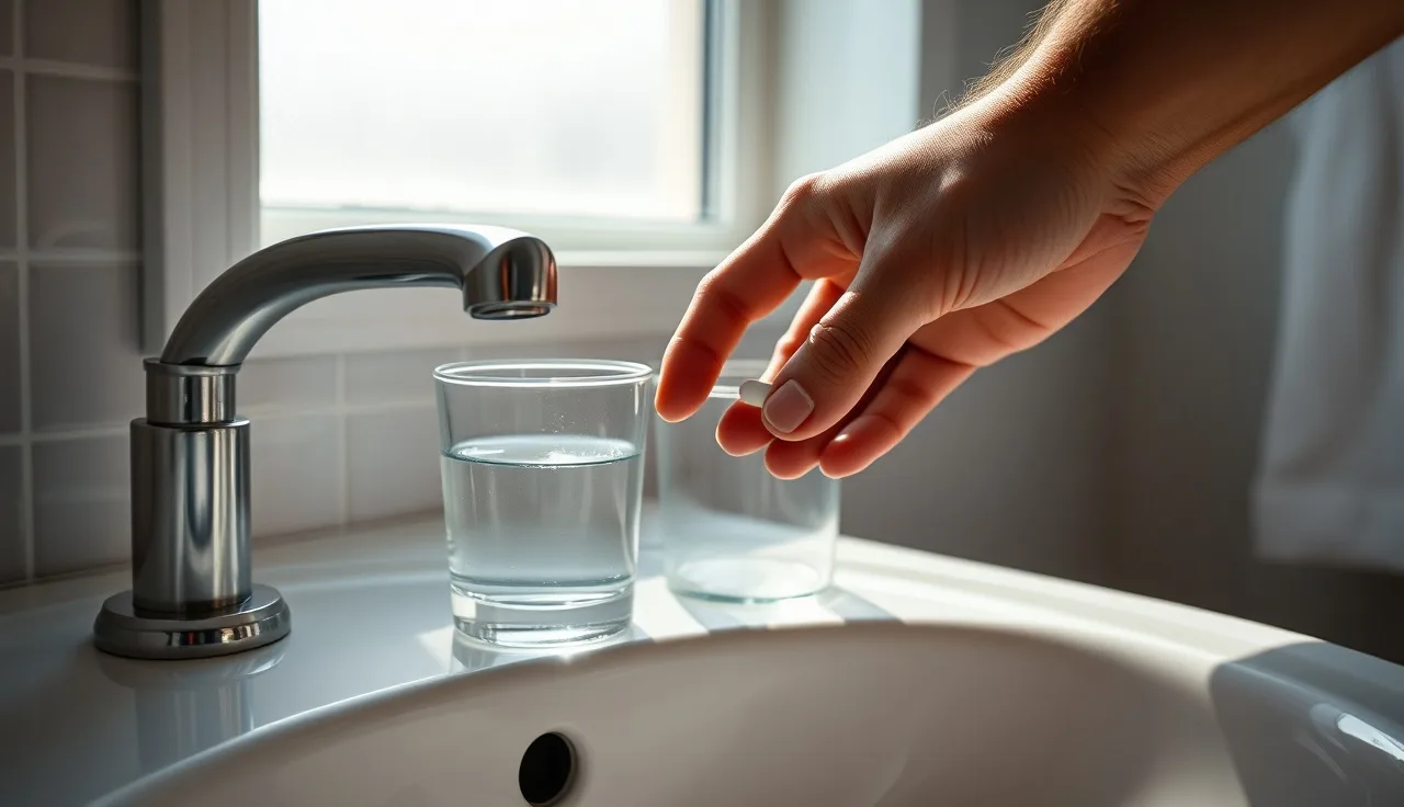 Man holding a finasteride pill beside a glass of water at a bathroom sink