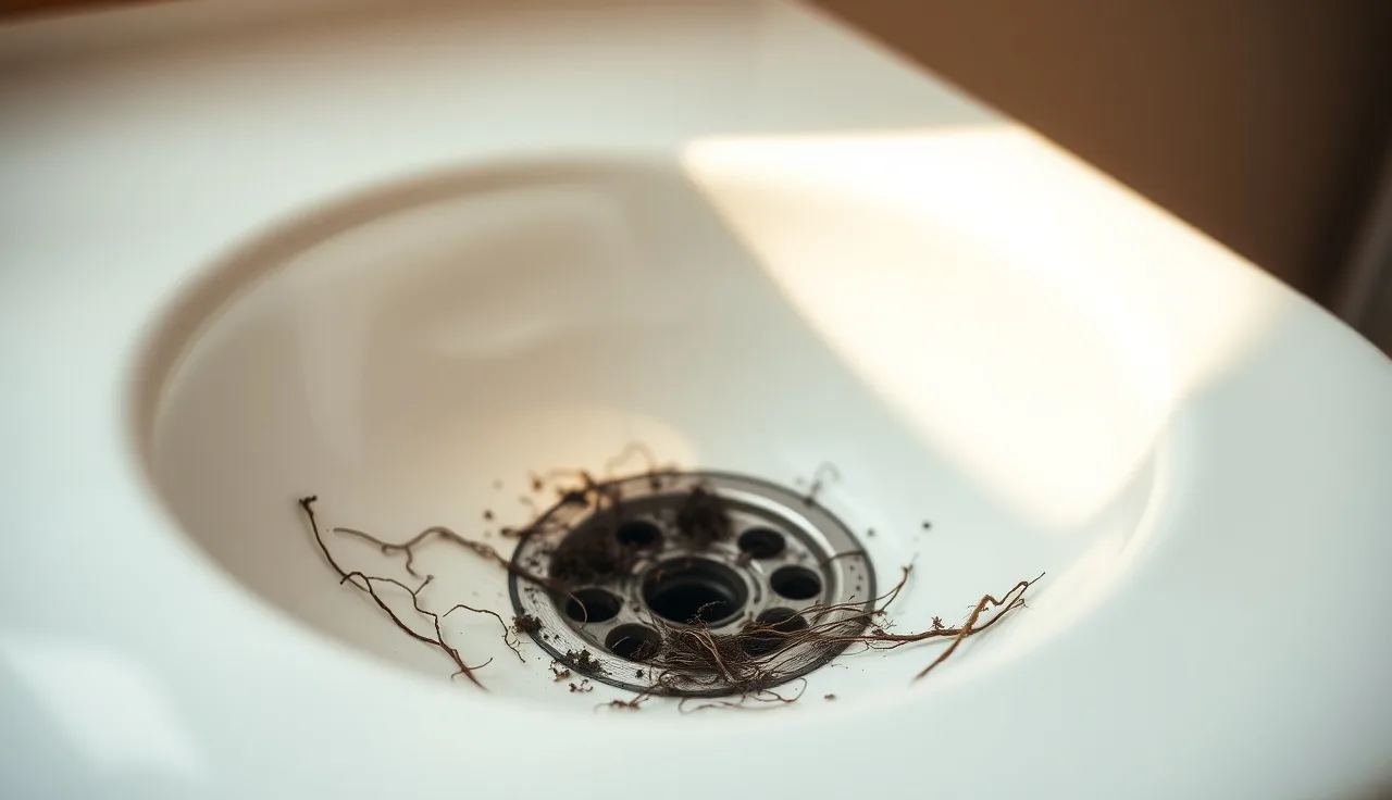 Loose hair strands collected near a bathroom sink drain during minoxidil shedding