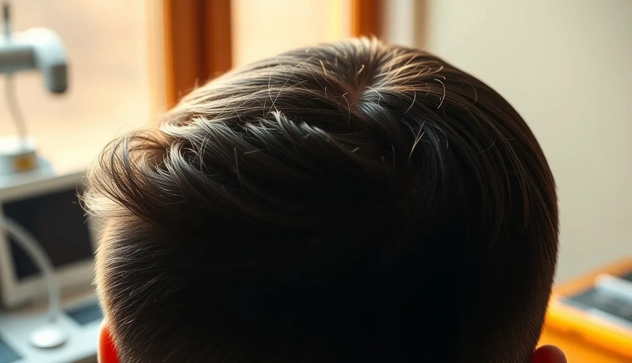 Man's crown scalp showing thinning whorl pattern under natural light