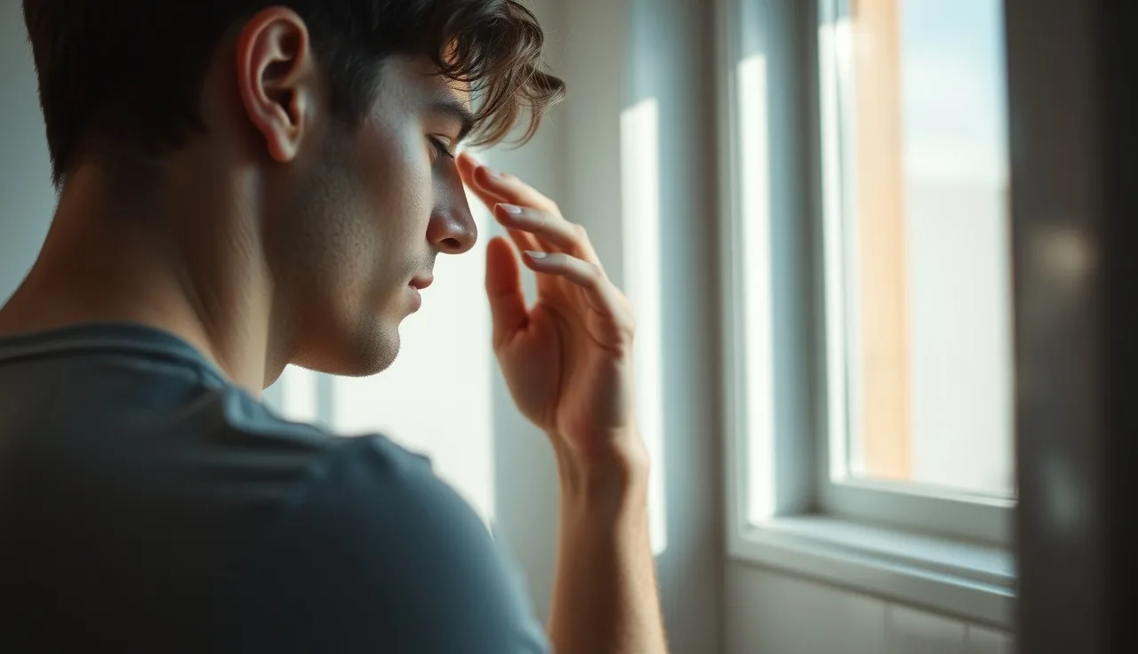 Young man examining his asymmetric receding hairline in bathroom mirror