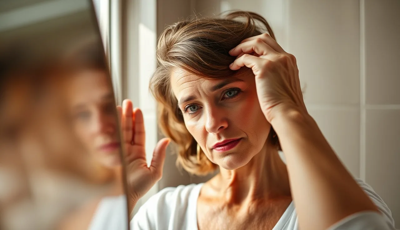 Woman examining her receding hairline in a bathroom mirror in morning light