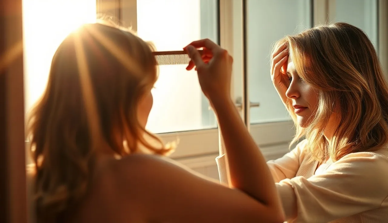 Woman examining her hair part in a sunlit bathroom mirror