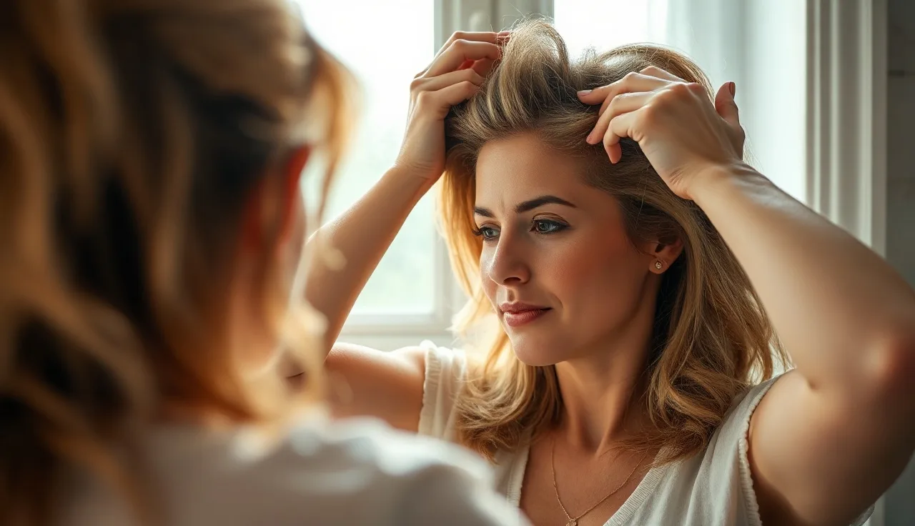 Woman examining hair thinning at the part in a bathroom mirror