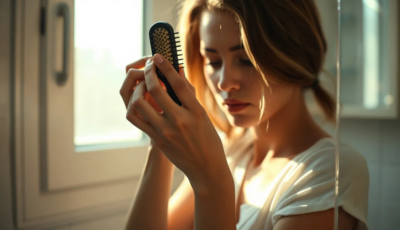 Woman examining hairbrush with shed strands in a morning bathroom